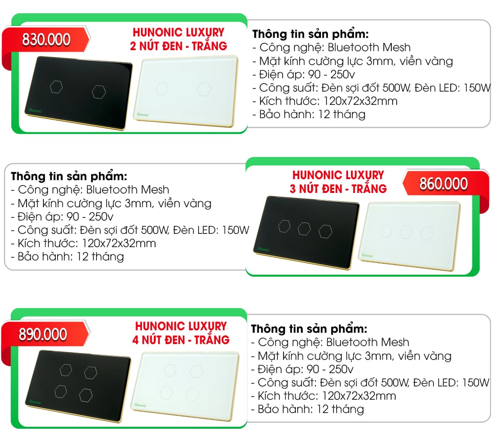 Công Tắc Hunonic Luxury Hình Chữ Nhật Viền Vàng 14 Báo giá công tắc nhà thông minh Hunonic